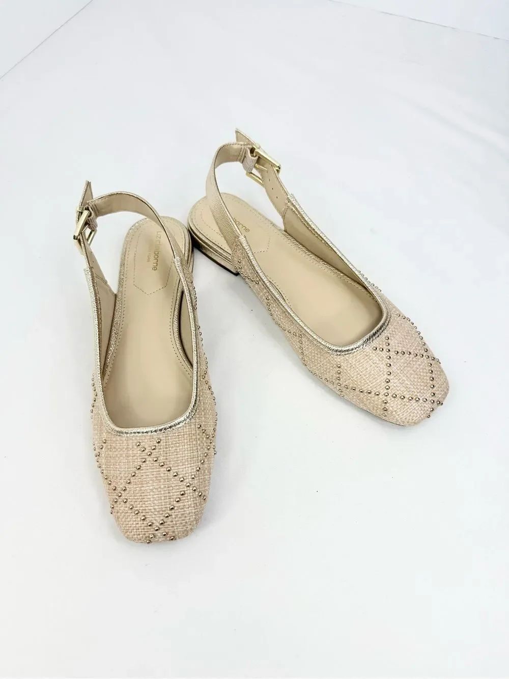 Liz Claiborne DEIRDRA Woven Raffia Metal Gold Studded Slingback Sandals NWOB